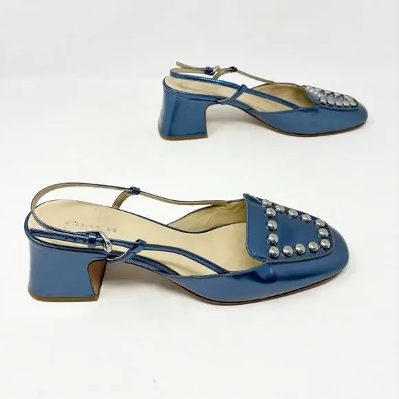 Coach Patent Leather Metallic Blue Studded Block Heel Sling Back Mules 8 - Picture 2 of 7